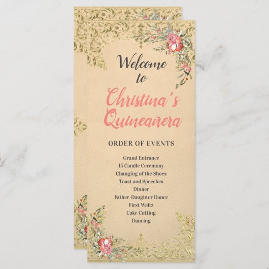 Classic  Gouden Bloemen Quinceañera Programma (Voorkant / Achterkant)