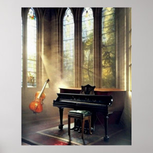 Classic Grand Piano en cello in een kerkaltaar Poster