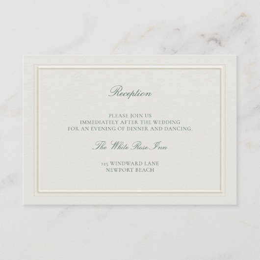 Classic Green Elevated Ecru Wedding Reception Informatiekaartje (Voorkant)