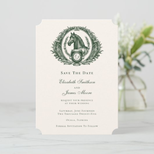 Classic Green Equestrian Monogram Crest Weddenscha Save The Date (Staand voorkant)
