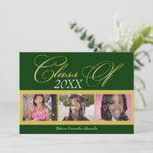 Classic Green/Gold 3 Photo Graduation Faire-part (Debout devant)