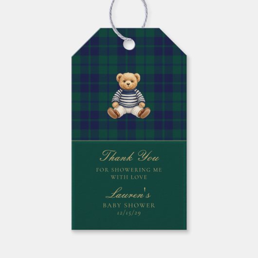 Classic Green Navy Plaid Bear Baby Shower Cadeaulabel (Voorkant)