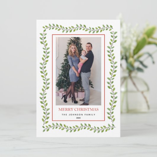 Classic Greenery Hollies Lijst Kerst Aankondiging (Staand voorkant)