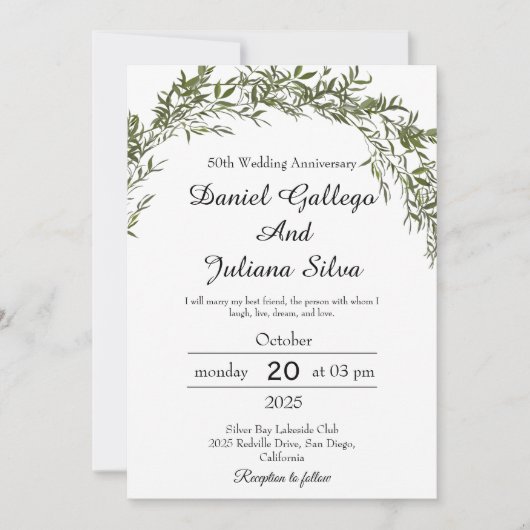 Classic Greenery Wedding Anniversary Invitations Kaart (Voorkant)