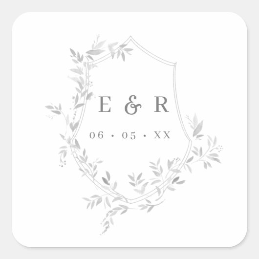 Classic Grey Leaves Crest Monogram Weddenschap Vierkante Sticker (Voorkant)