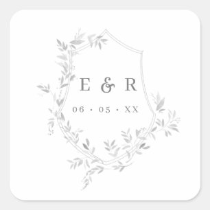 Classic Grey Leaves Crest Monogram Weddenschap Vierkante Sticker