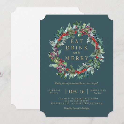 Classic Holiday Berry Holly Wreath Invitation (Devant / Derrière)