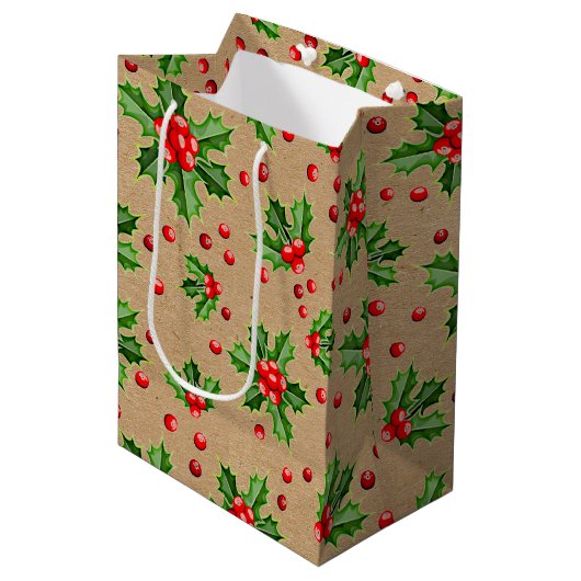 Classic Holiday Green Holly Red Berries Medium Cadeauzakje (Voorkant Gekanteld)
