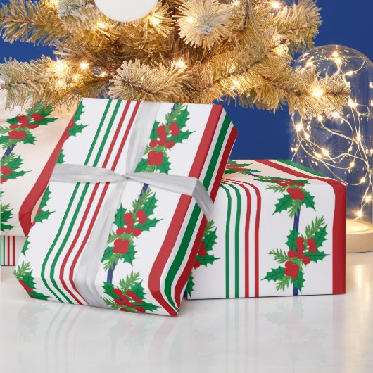 Classic Holly and Stripes Cadeaupapier (Feestdagen)