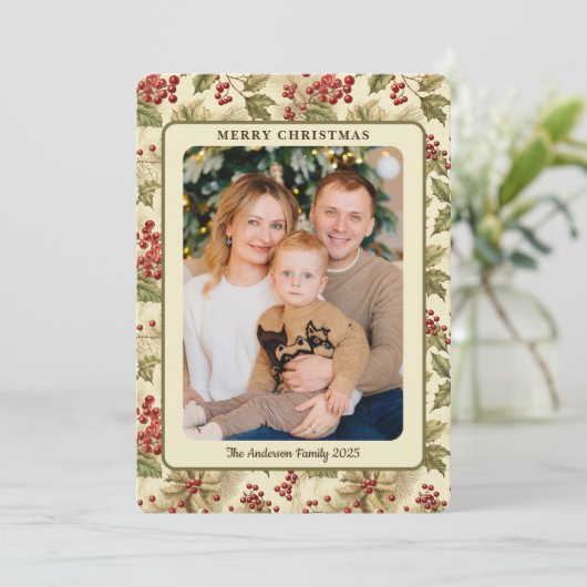 Classic  Holly Berries Foto Kerst Feestdagenkaart (Staand voorkant)