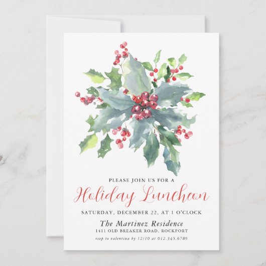 Classic Holly Berry Greenery Holiday Luncheon Kaart (Voorkant)