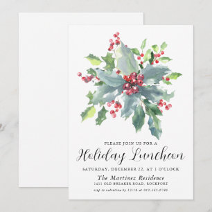 Classic Holly Berry Greenery Holiday Luncheon Kaart
