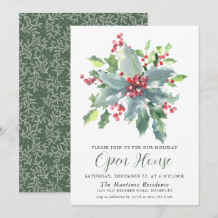 Classic Holly Berry Greenery Holiday Open House Kaart