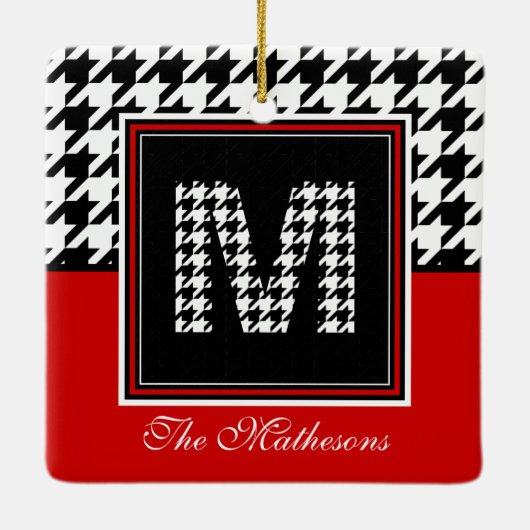 Classic Houndstooth Pattern Monogram Rood en zwart Keramisch Ornament (Achterkant)