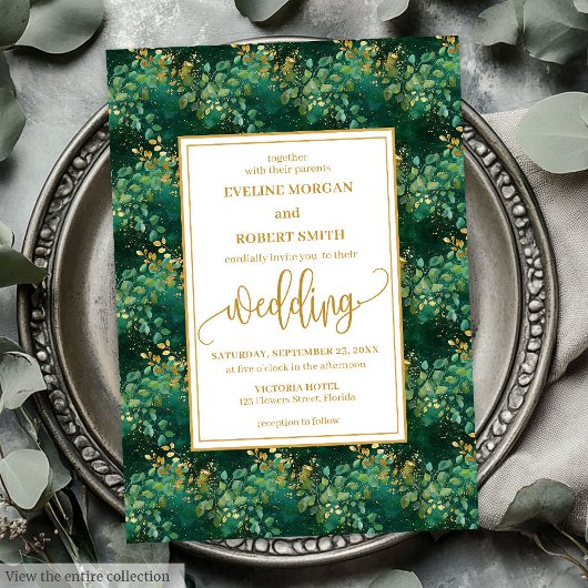 Classic Hunter Green Gold Eucalyptus Wedding  Kaart