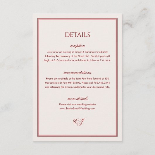 Classic Ivory and Burgundy Wedding Details Informatiekaartje (Voorkant)