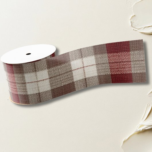 Classic Ivory Brown Rust Red Plaid Pattern Grosgrain Lint
