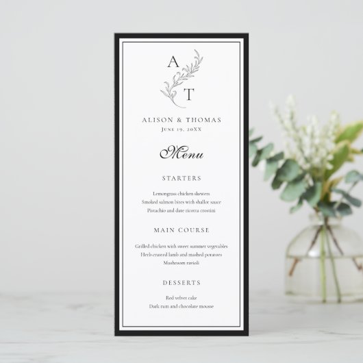 Classic Leaf Monogram Bruiloft Flat Menu Kaart (Staand voorkant)