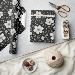 Classic Leaves Floral Art Pattern op grijs zwart Cadeaupapier