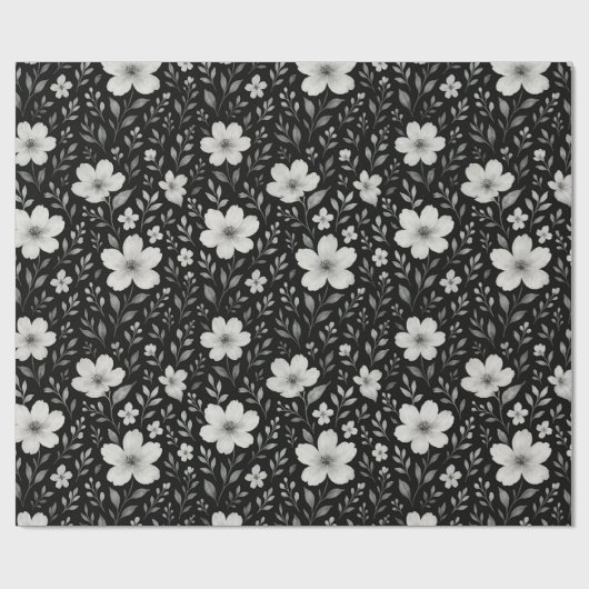 Classic Leaves Floral Art Pattern op grijs zwart Cadeaupapier (Vlak)