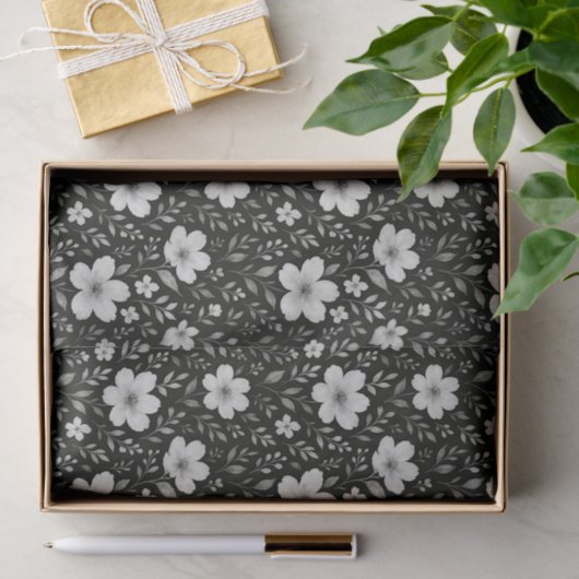 Classic Leaves Floral Art Pattern op grijs zwart Tissuepapier (Geschenk)
