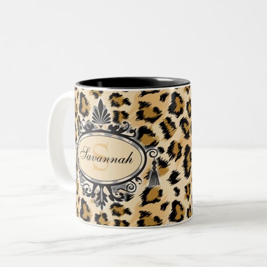 Classic leopard Pattern Aangepaste naam en monogra Tweekleurige Koffiemok (Voorkant links)