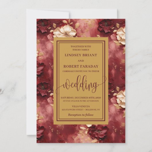 Classic Lux Donkerrood Goud Bloemen Huwelijksuitno Kaart (Voorkant)