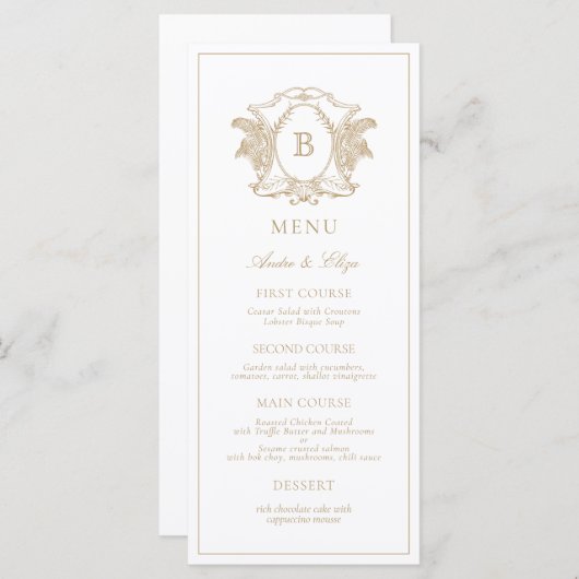 Classic Luxe Crest Monogram Weddenschap Menu (Voorkant / Achterkant)