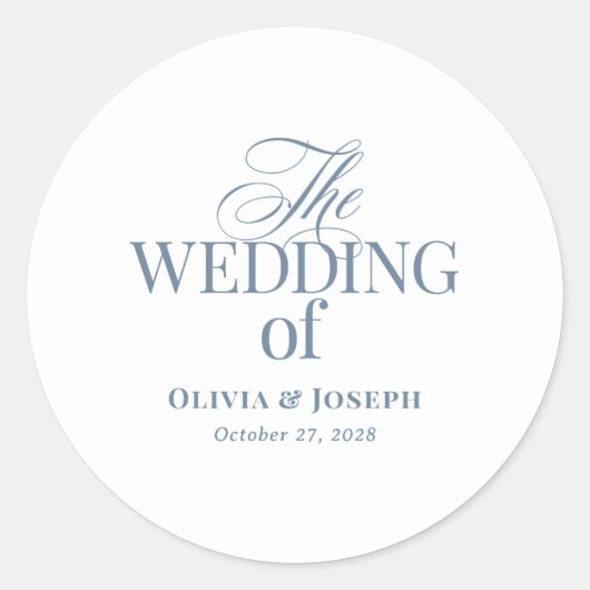 Classic Luxe Elegant White and Dusty Blue Wedding Ronde Sticker (Voorkant)