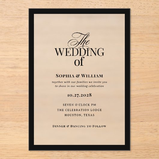 Classic Luxe | Elegant zwart Lijst bruiloft Acryl Uitnodigingen (Voorkant)