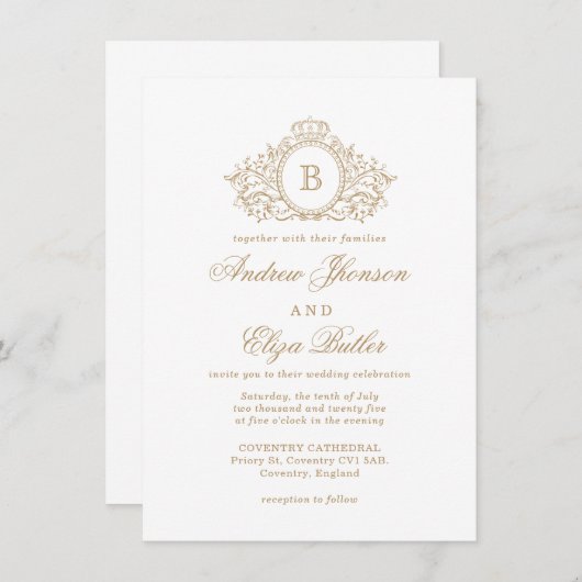 Classic Luxe Gold Monogram Faire-part de mariage (Devant / Derrière)