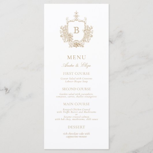 Classic Luxe Goud en Wit Monogram Bruiloft Menu (Voorkant)