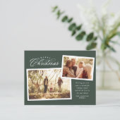Classic Merry kerstscript twee foto groen Feestdagenkaart (Staand voorkant)