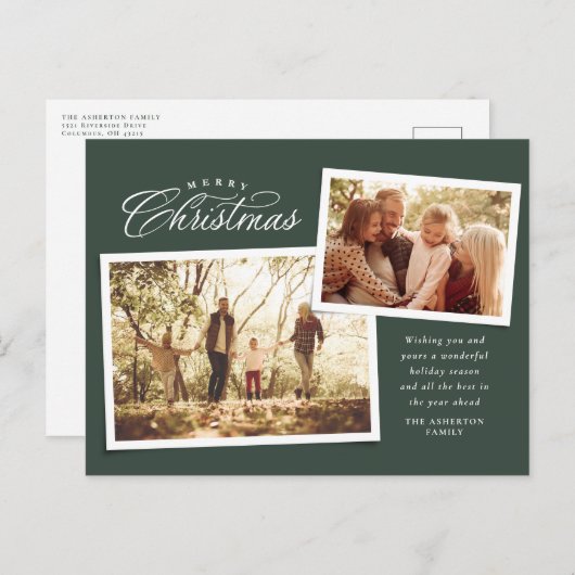 Classic Merry kerstscript twee foto groen Feestdagenkaart (Voorkant / Achterkant)