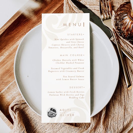 Classic Minimal Damask Biscuit Beige Photo Wedding Menu