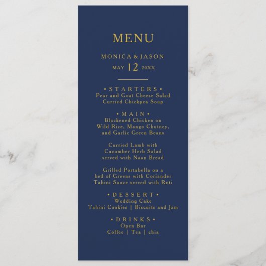 Classic Minimal Marine Blue Gold Mariage Menu du d (Devant)