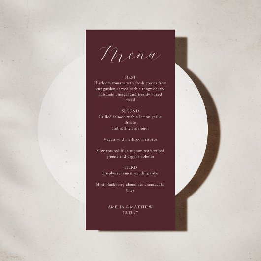 Classic Monogram Burgundy Script Weddenschap Menu