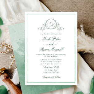 Classic Monogram Green Waterverf Wedding Kaart