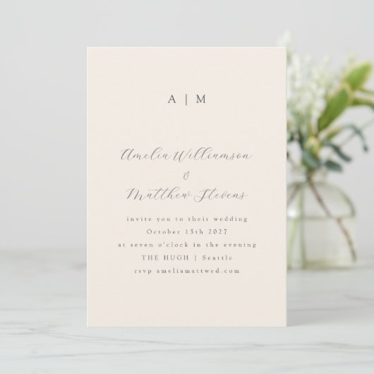 Classic Monogram Ivory Black Script Weddenschap Kaart (Staand voorkant)