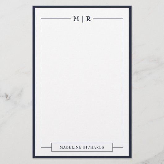 Classic Monogram Navy Blue Border Stationery Briefpapier (Voorkant)