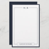 Classic Monogram Navy Blue Border Stationery Briefpapier (Voorkant / Achterkant)