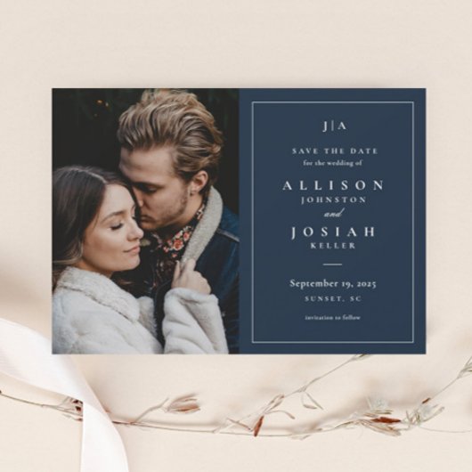 Classic Monogram Navy Blue Wedding Foto Save The Date