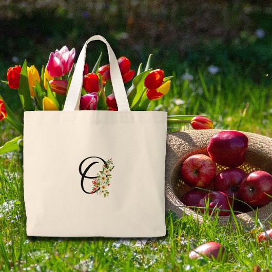 Classic monogram O red white flower mother gift Grote Tote Bag