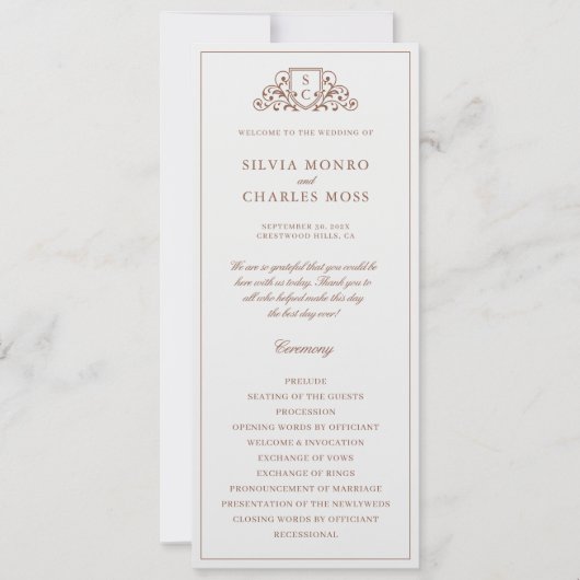 Classic Monorgam Brown & Ecru Wedding Programme (Devant)