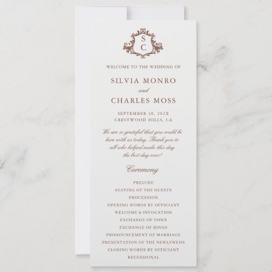 Classic Monorgam Brown & Ecru Wedding Programme (Devant)