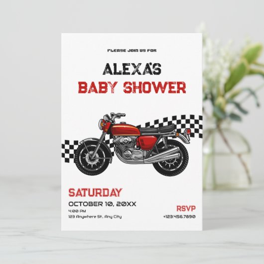 Classic motorfiets baby shower kaart (Staand voorkant)