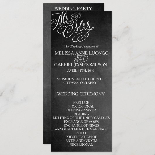 Classic Mr & Mrs Wedding Programme Chalkboard (Devant / Derrière)