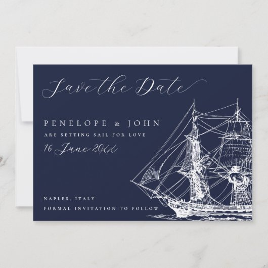 Classic Nautical Ship Navy Blue Wedding Save The Date (Voorkant)
