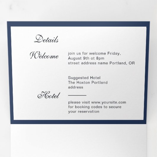 Classic Navy blauw Lijst Elegante bruiloft Drieluik Uitnodiging (Binnenzijde eerst)