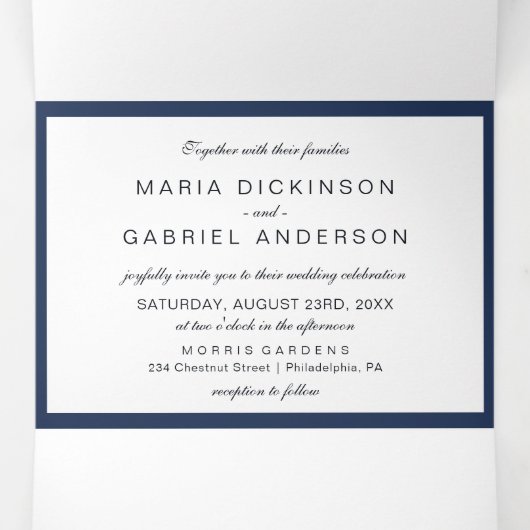 Classic Navy blauw Lijst Elegante bruiloft Drieluik Uitnodiging (Binnenkant midden)